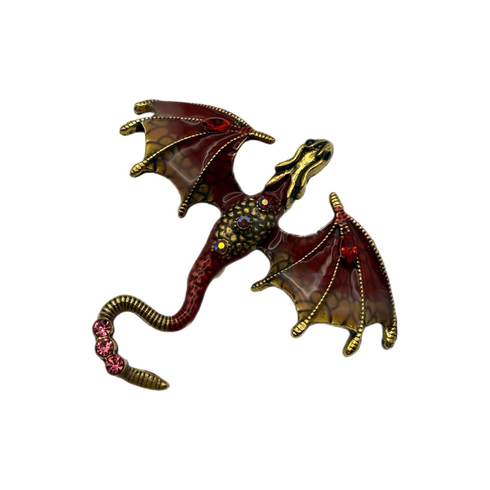 Red Enamel Dragon Brooch Gold Tone Rhinestone Fantasy Mythical Pin